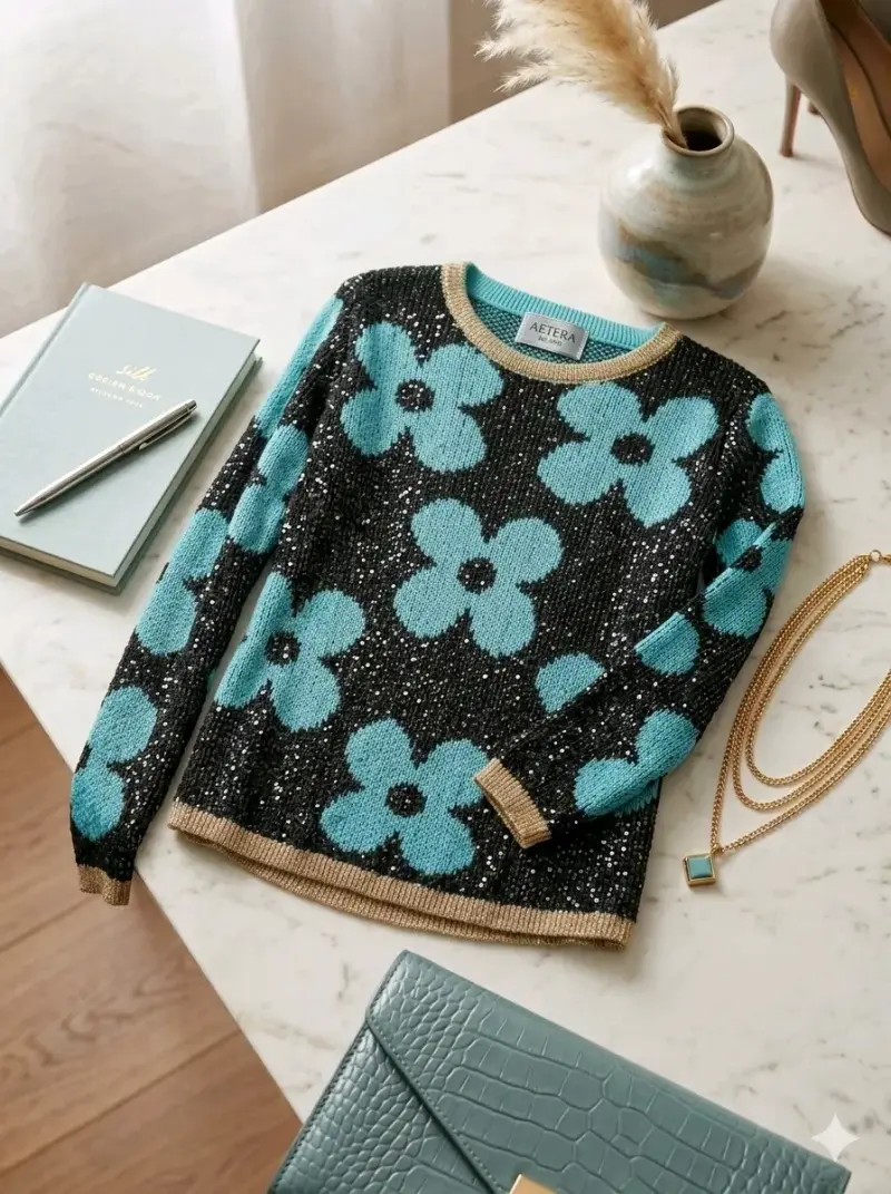 Suéter de flores azul y negro con detalles dorados - 2