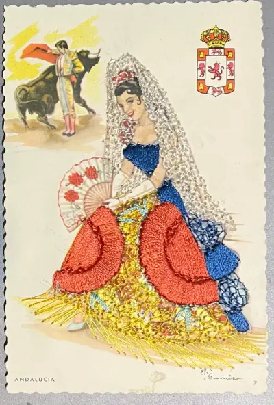 Postal española bordada con hilos  seda,  Andaluci - miniatura 1