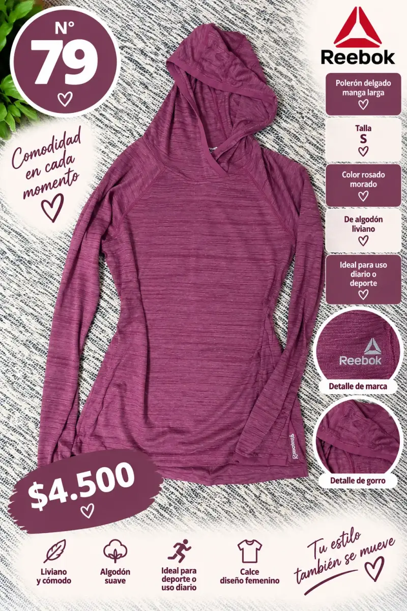 Polerón Reebok rosado morado de algodón liviano