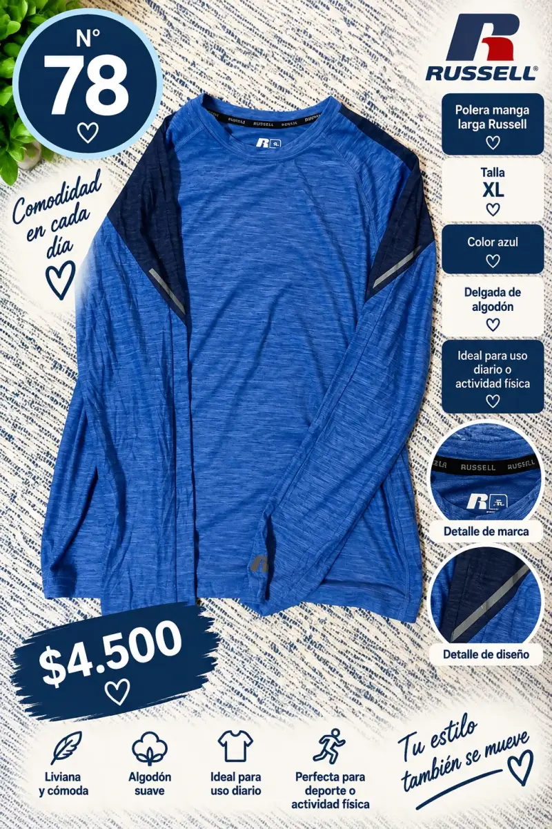 Polera manga larga azul Russell XL