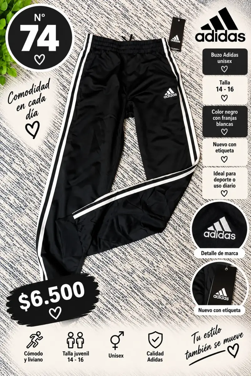 Pantalón Buzo Adidas Unisex Negro Talla 14-16