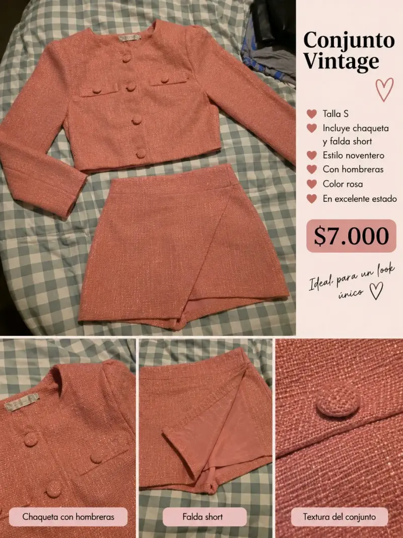 Conjunto vintage rosa con chaqueta y falda short