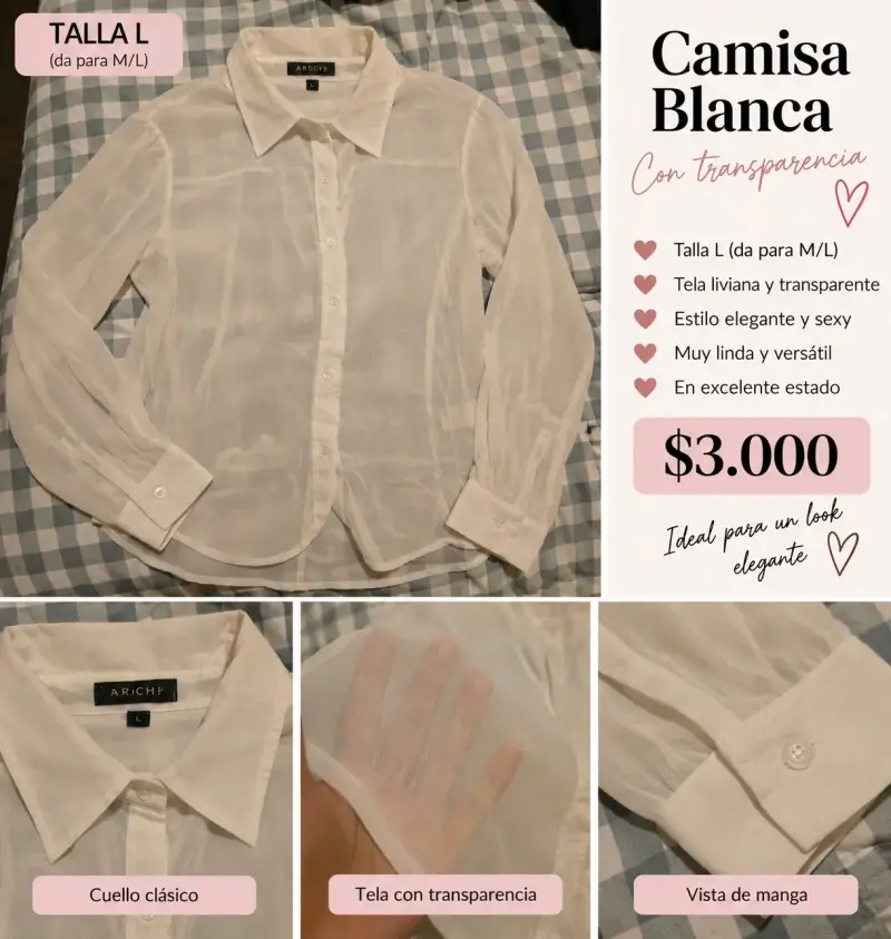 Camisa blanca transparente talla L elegante