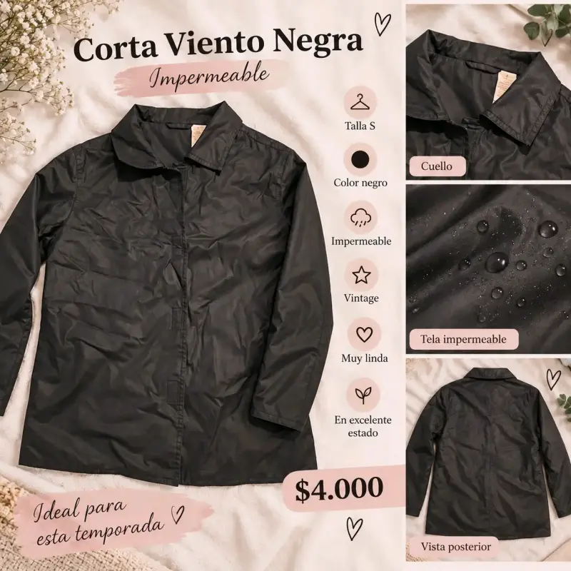 Corta Viento Negra Impermeable Vintage