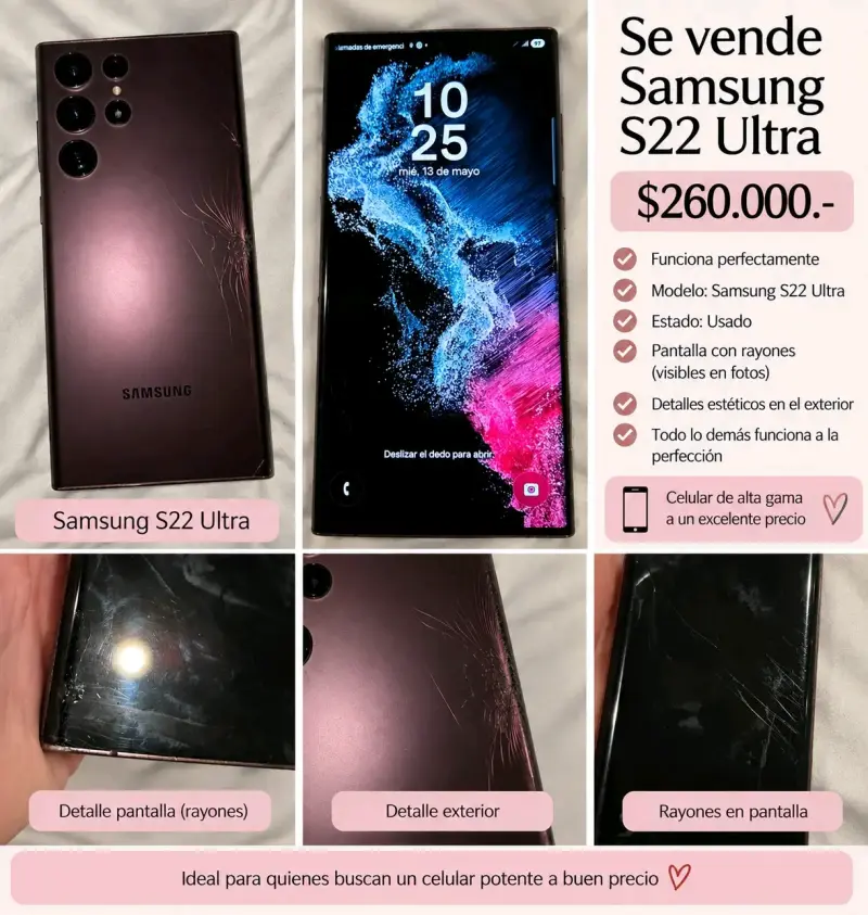 Samsung S22 Ultra con detalles estéticos
