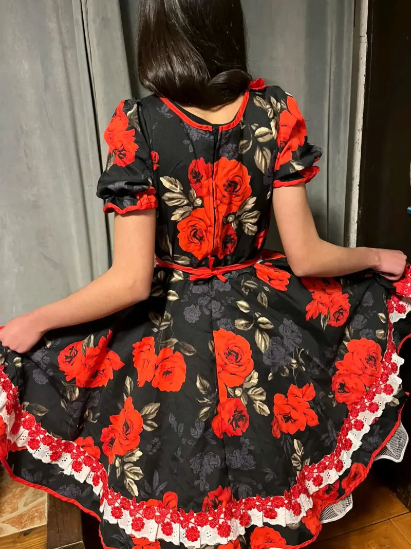 Vestido folclórico negro con flores rojas - 2