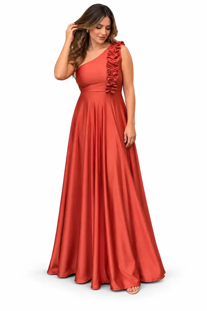 Vestido largo rojo un hombro con volantes