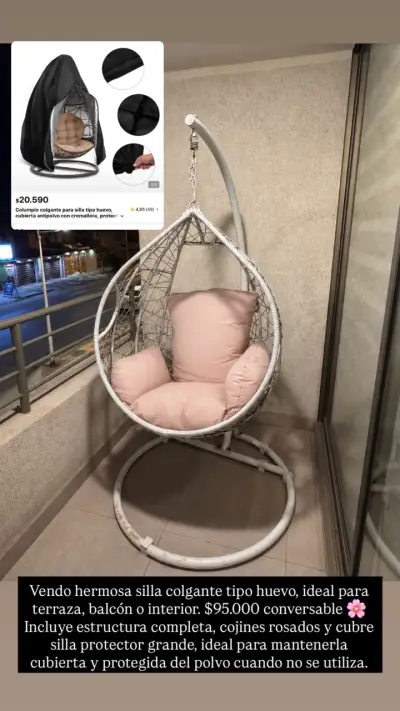 Silla colgante tipo huevo con cojines rosados - miniatura 1