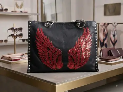 Bolso de cuero negro con alas rojas bordadas - miniatura 1