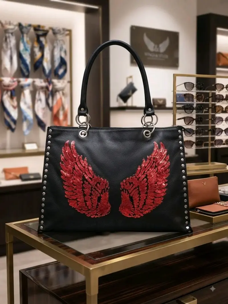 Bolso de cuero negro con alas rojas bordadas - 2