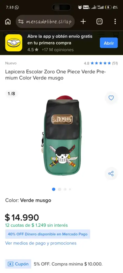 Lapicera escolar Zoro One Piece verde - miniatura 2