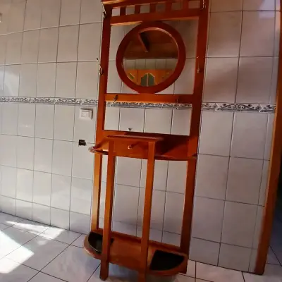 Perchero paraguero de madera con espejo y cajón - miniatura 1