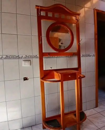 Perchero paraguero de madera con espejo y cajón - miniatura 4