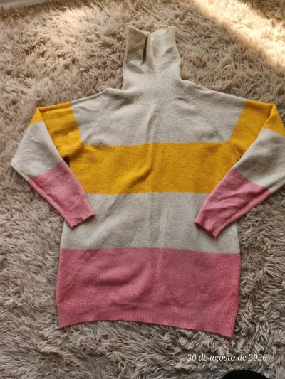 Suéter de lana a rayas beige, amarillo y rosa - miniatura 2