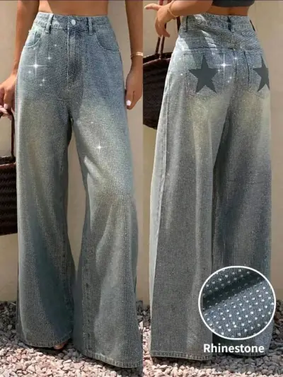 Pantalones anchos con apliques de strass - miniatura 1