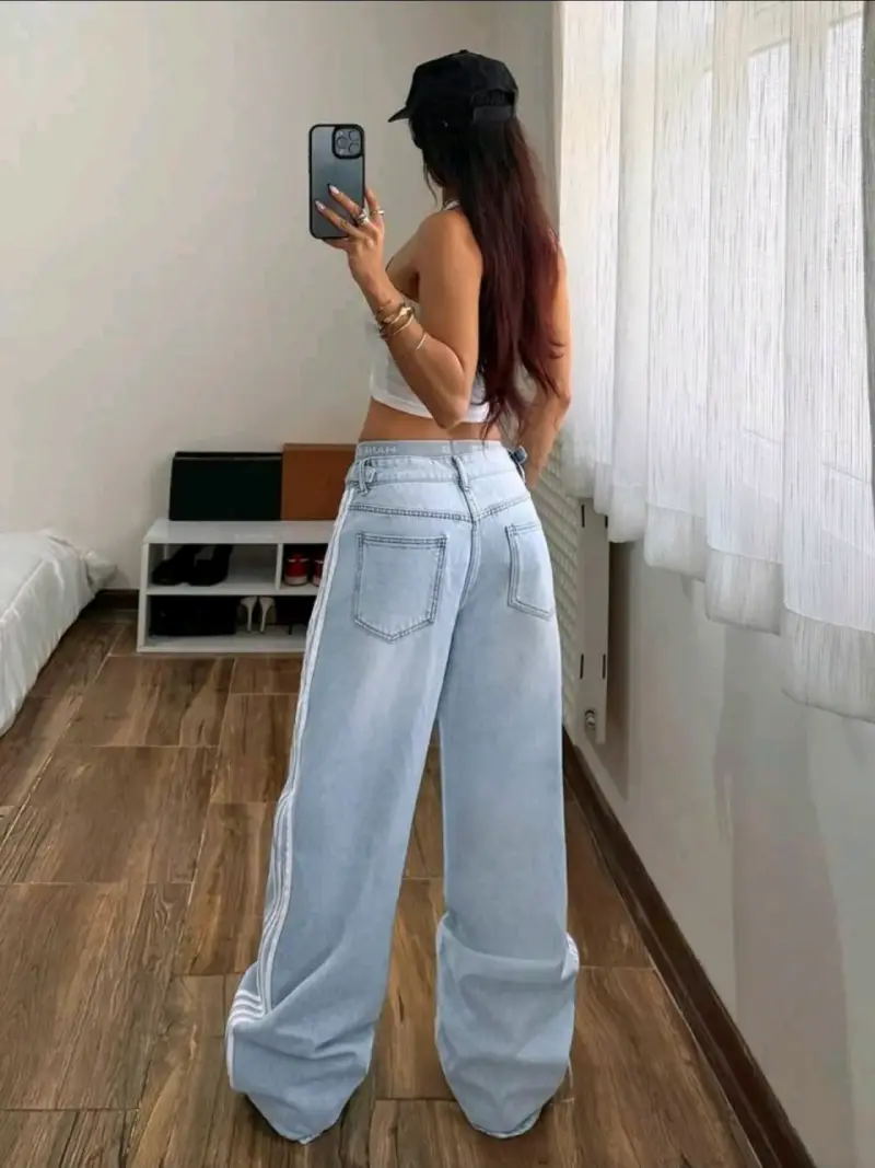 Jeans anchos de mezclilla con franjas laterales - 2
