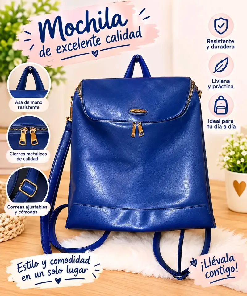 Mochila azul de excelente calidad con cierres metálicos