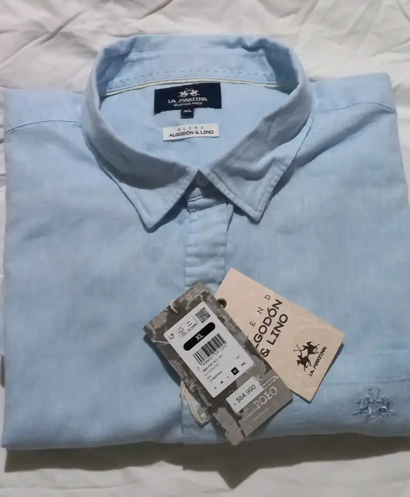Camisa La Martina Algodón y Lino Celeste XL - 1
