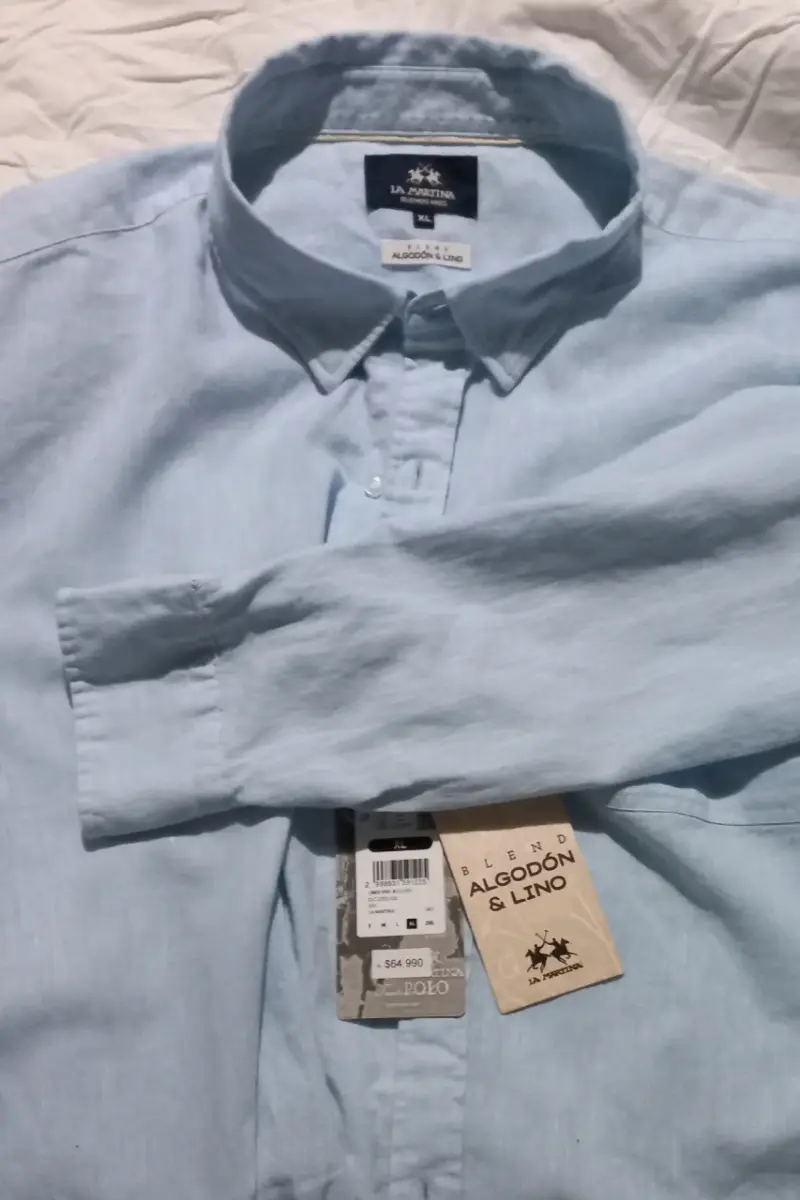 Camisa La Martina Algodón y Lino Celeste XL - 2