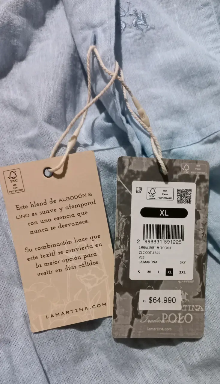 Camisa La Martina Algodón y Lino Celeste XL - 3