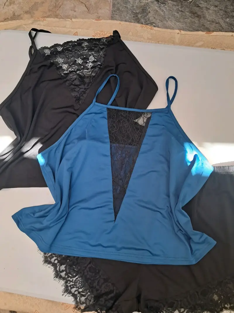 Conjunto de pijama de encaje negro y azul 3xl - 4