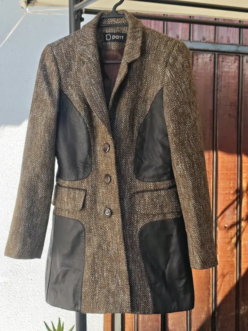 Abrigo de lana marrón 40 con detalles de cuero - 1