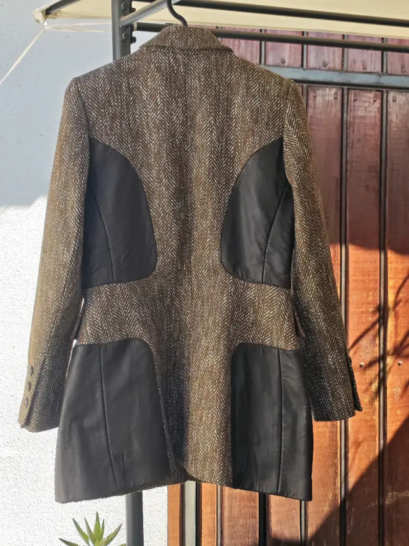 Abrigo de lana marrón 40 con detalles de cuero - 2