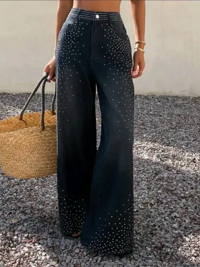 Pantalones anchos negros con detalles brillantes - miniatura 1