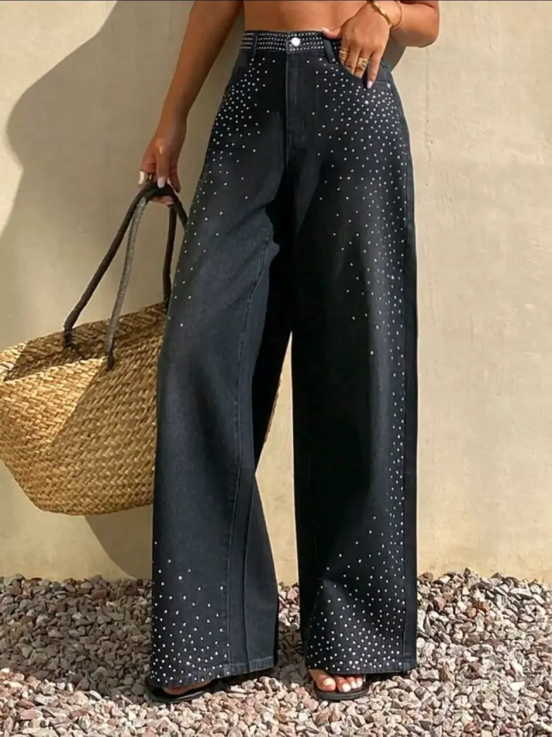 Pantalones anchos negros con detalles brillantes - 3