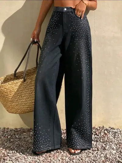 Pantalones anchos negros con detalles brillantes - miniatura 3