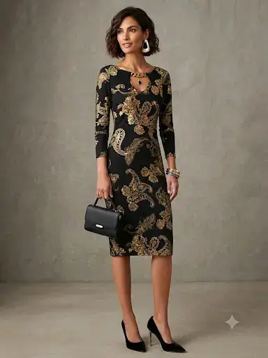 Vestido ajustado negro con estampado dorado elegante - miniatura 1