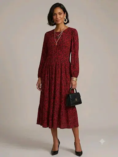 Vestido largo rojo con estampado floral - 1