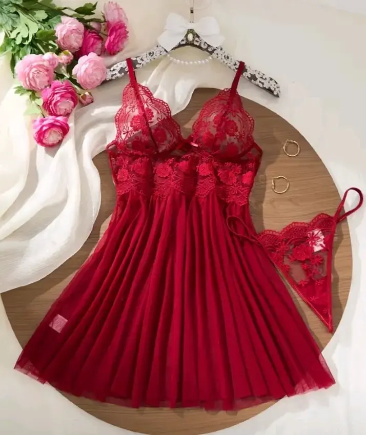 Babydoll de encaje rojo para mujer - 4