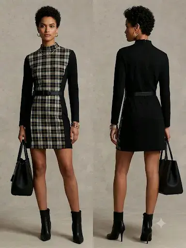 Vestido corto de cuadros negro y beige