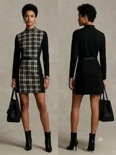 Vestido corto de cuadros negro y beige - miniatura 1