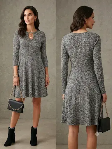 Vestido gris de punto con manga larga