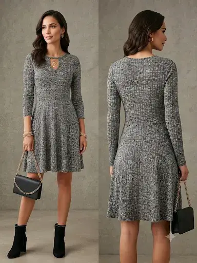 Vestido gris de punto con manga larga - miniatura 1