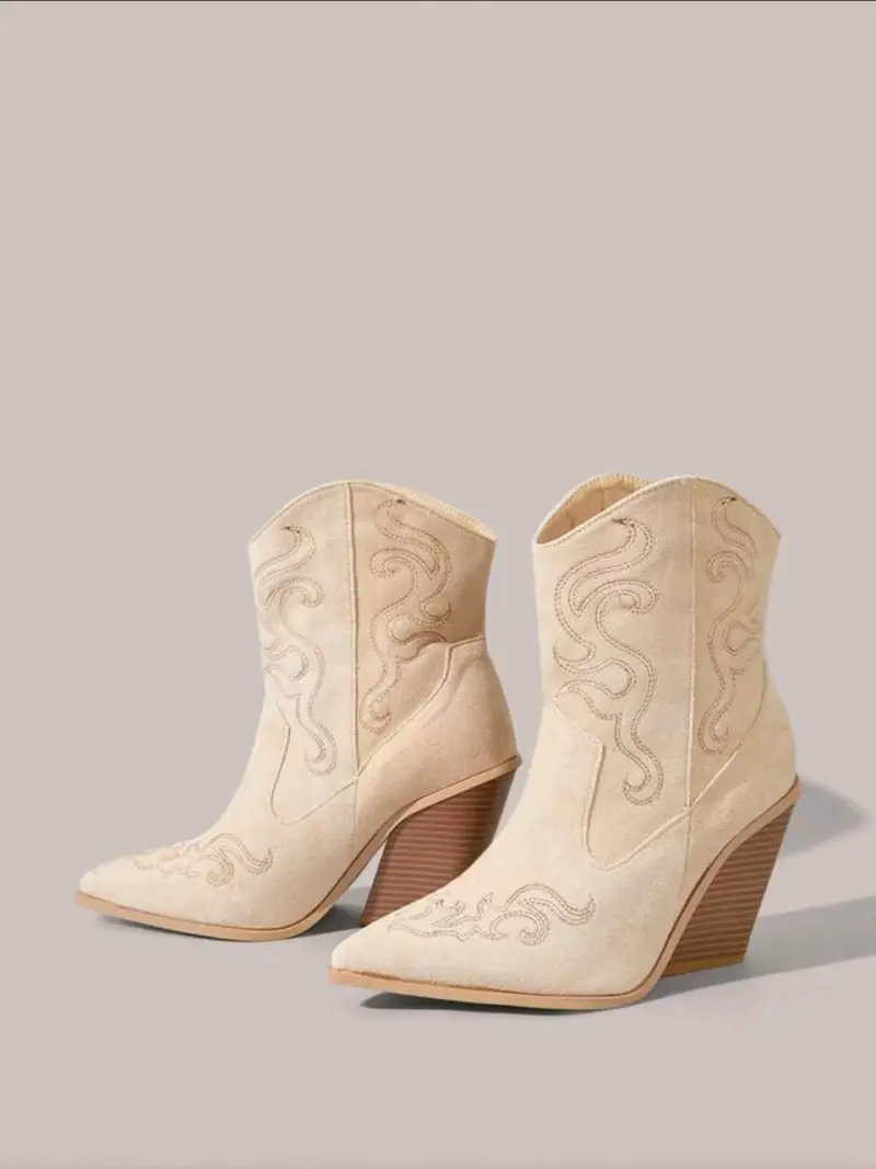 Botines de tacón alto beige con diseño bordado - 2