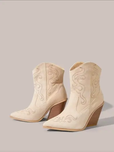 Botines de tacón alto beige con diseño bordado - miniatura 2