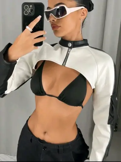Chaqueta corta de cuero blanco y negro para mujer - miniatura 1