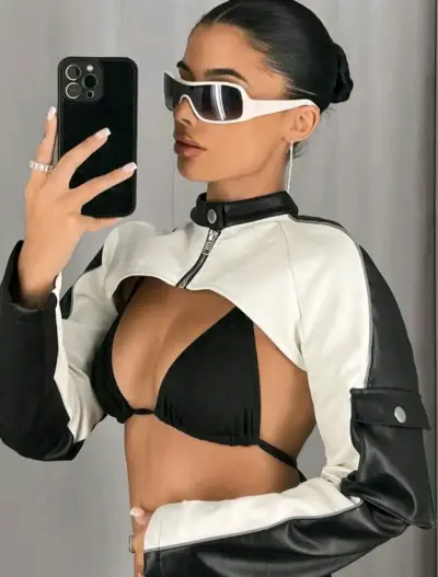 Chaqueta corta de cuero blanco y negro para mujer - miniatura 2