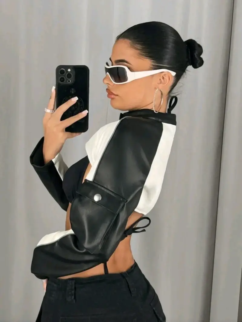 Chaqueta corta de cuero blanco y negro para mujer - 3