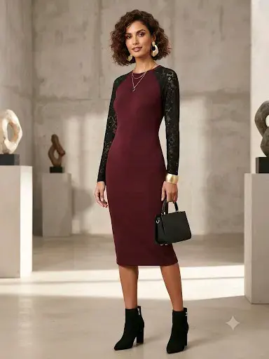 Vestido burdeos con mangas de encaje