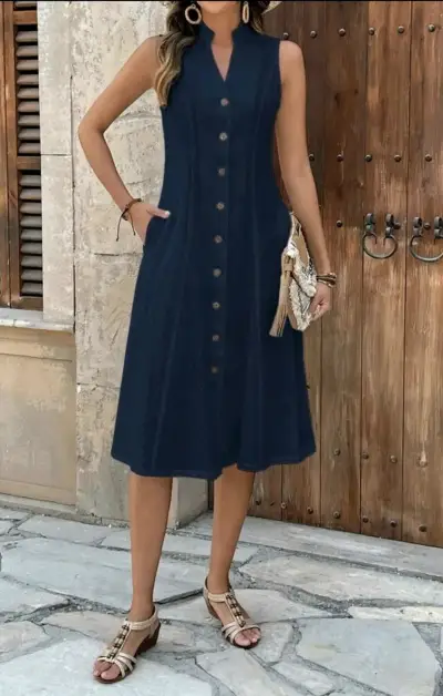 Vestido Azul Marino Sin Mangas de Algodón - miniatura 1