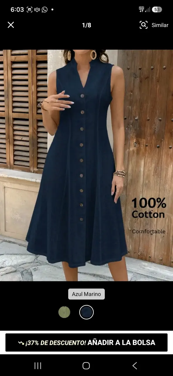 Vestido Azul Marino Sin Mangas de Algodón - 3