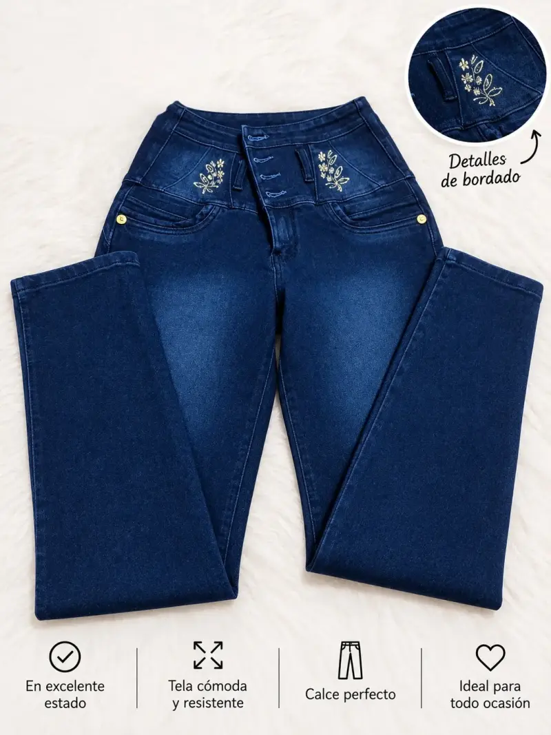 Jeans azul con bordado floral para mujer
