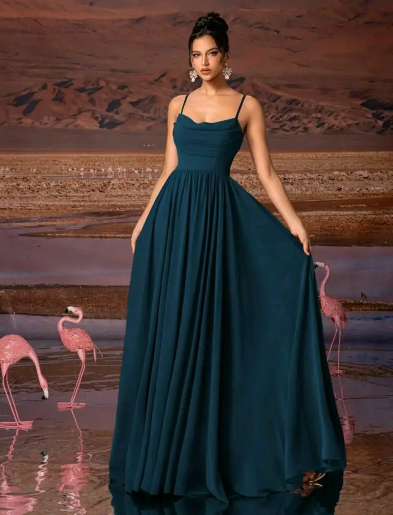 Vestido largo elegante verde azul con tirantes - 1