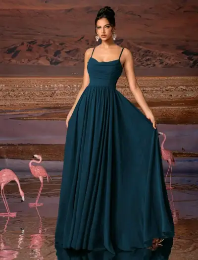 Vestido largo elegante verde azul con tirantes - miniatura 1