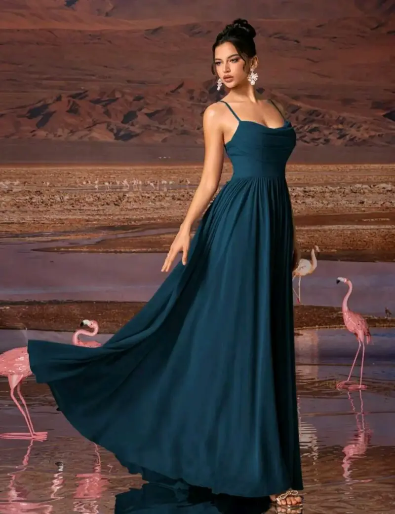 Vestido largo elegante verde azul con tirantes - 3