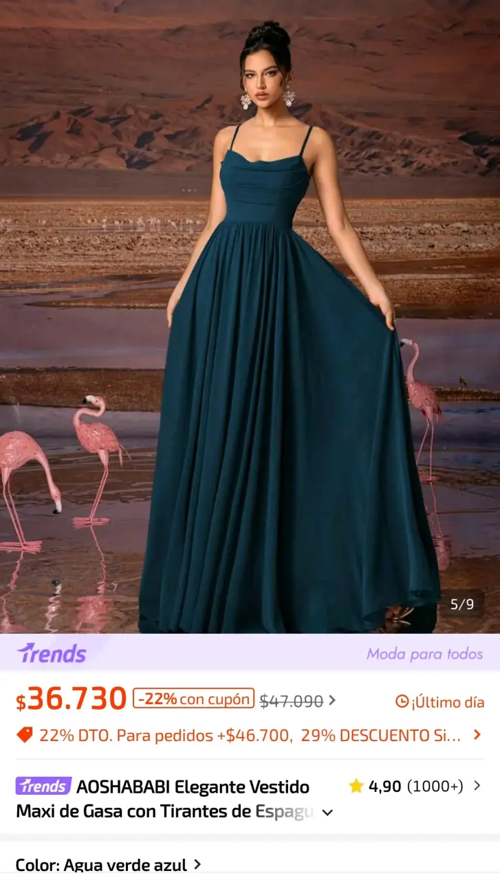 Vestido largo elegante verde azul con tirantes - 4